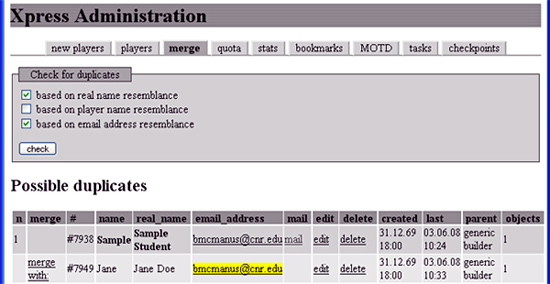 screenshot of duplicates table