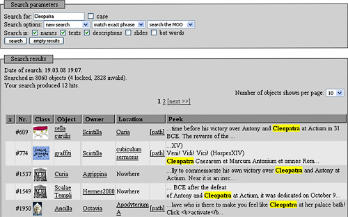 screenshot of results of a search for Cleopatra