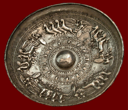 silver libation bowl with chariots